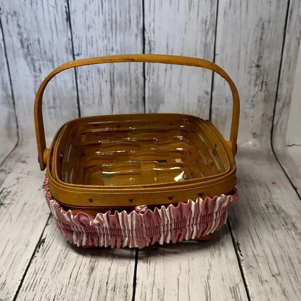 1999 Longaberger Handwoven Single Handle 6.5” Square Basket Pink Garter Protecto